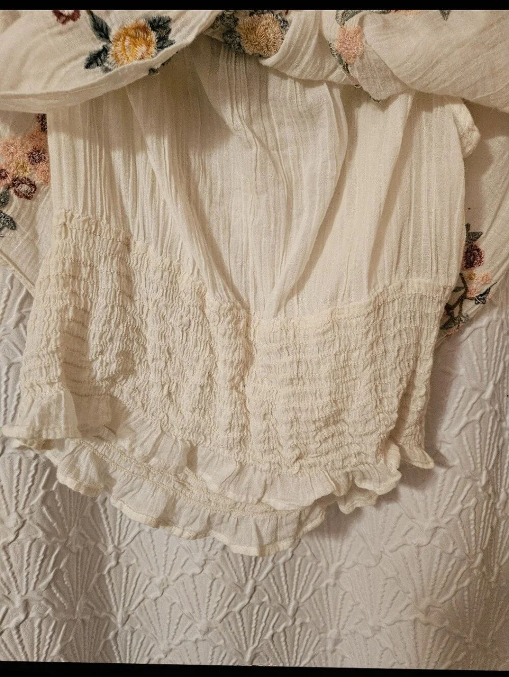 Embroidered Ivory Floral Peasant Top - Picture 11 of 12
